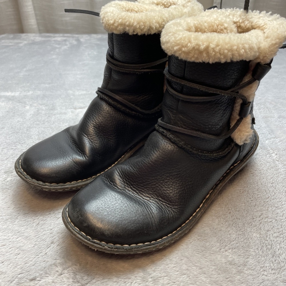 Ugg Womens Rianne Leather Shearling Boots‎ Size 7 Black Lace Up Winter Sherpa